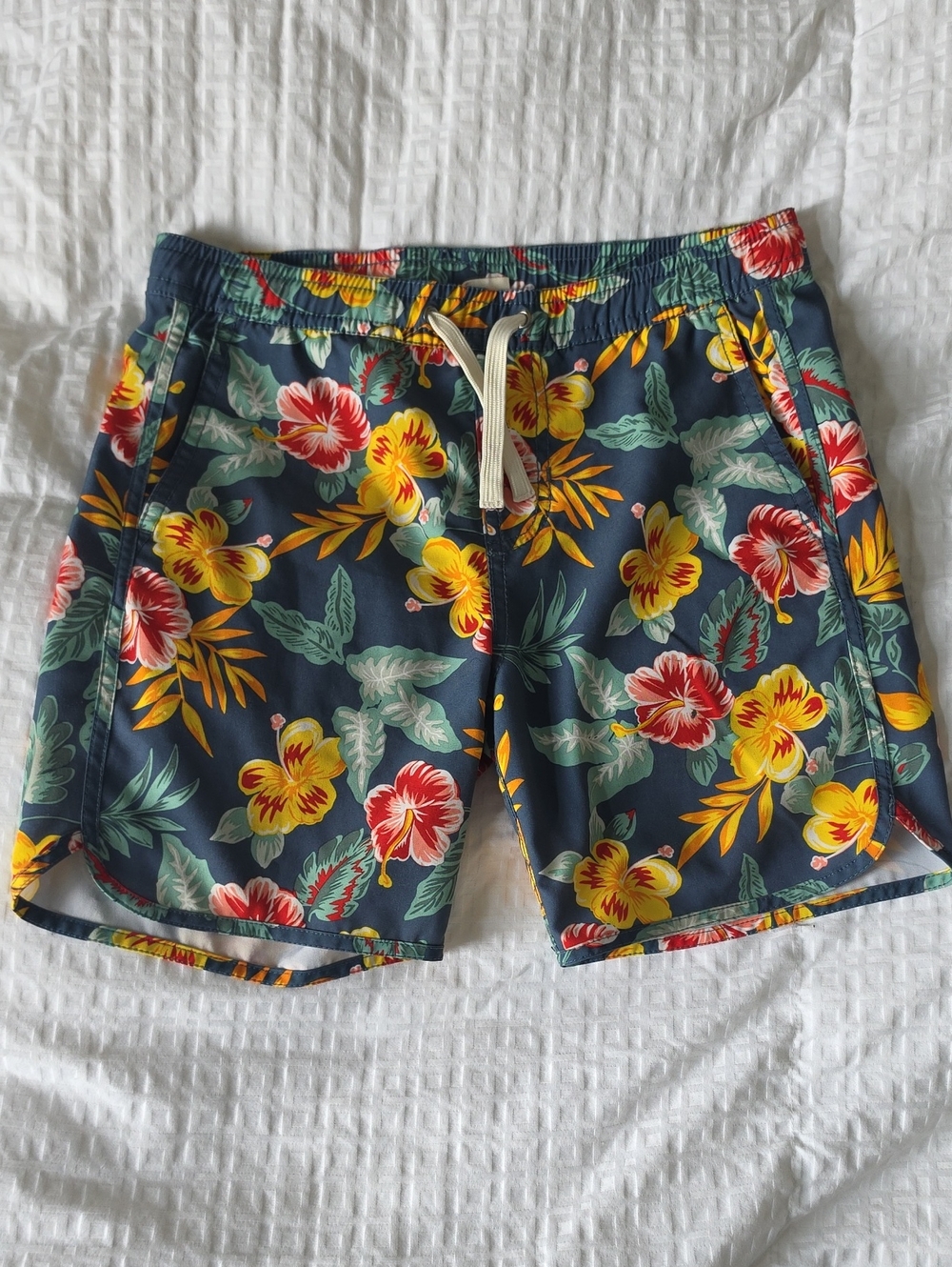 Fair Harbor Navy Floral Swim Trunks with Yellow & Red Flowers